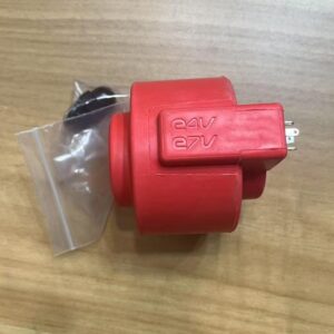 Red solenoid valve coil body with e4V/e7V marking, with accessory bag.