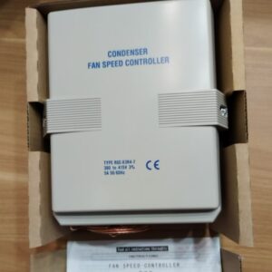 Front of condenser fan speed controller in box, marked model & electrical parameters, with manual