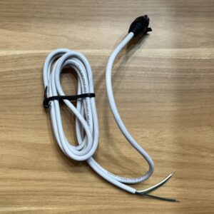 A single white cable with connector and exposed conductors, naturally curved.