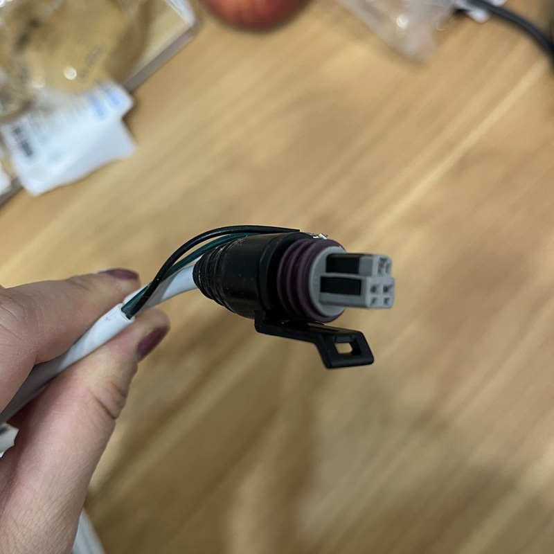 Hand holding the cable, showing the connector and extended conductors.