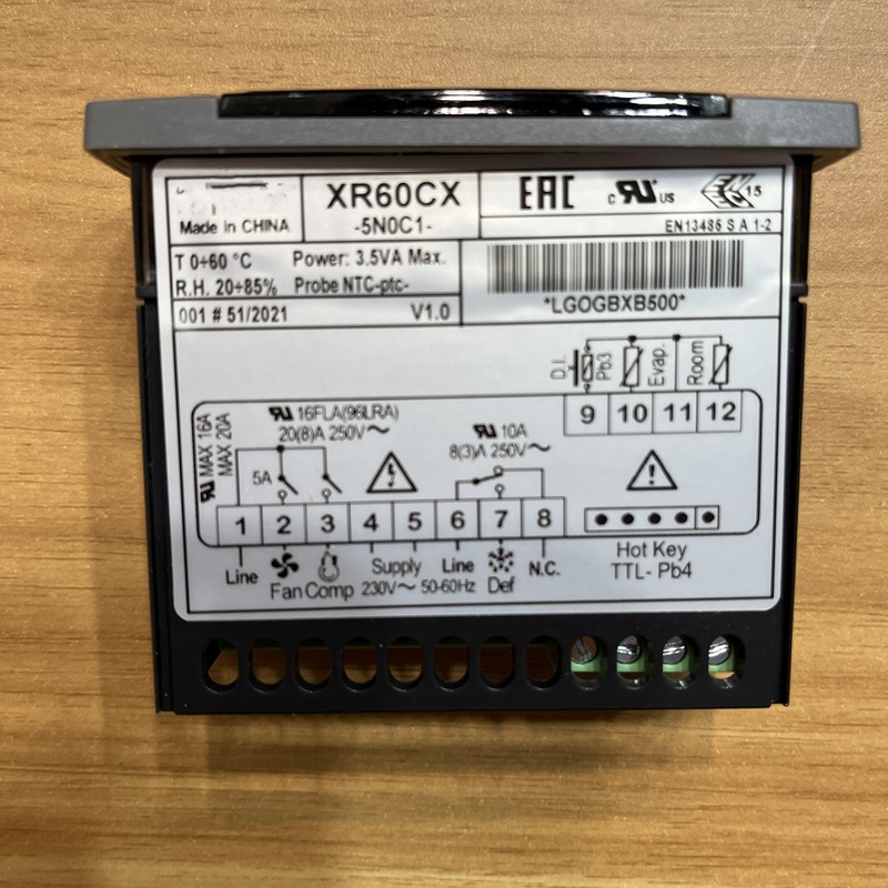 Thermostat back label, including model, specs and wiring diagram