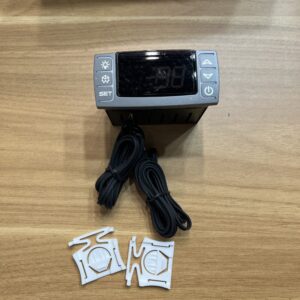 Front view of digital temperature controller,including NTC temperature sensor probe and two buckle mounting brackets
