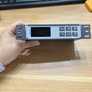 Front panel with digital display, six buttons and side mounting brackets