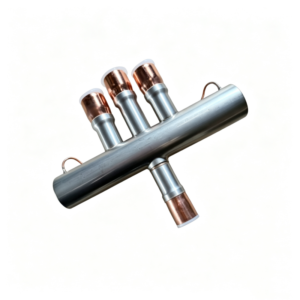 Coil‑less 4‑way reversing valve, silver‑grey housing with four copper soldering connections