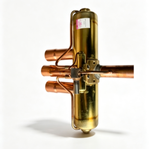 4‑way reversing valve side view, with copper tubes and pilot capillary