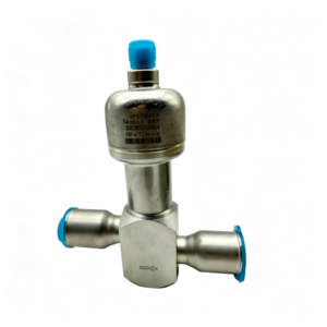 Bare straight expansion valve with clear parameters and flow arrow, compact for direct pipeline mounting.