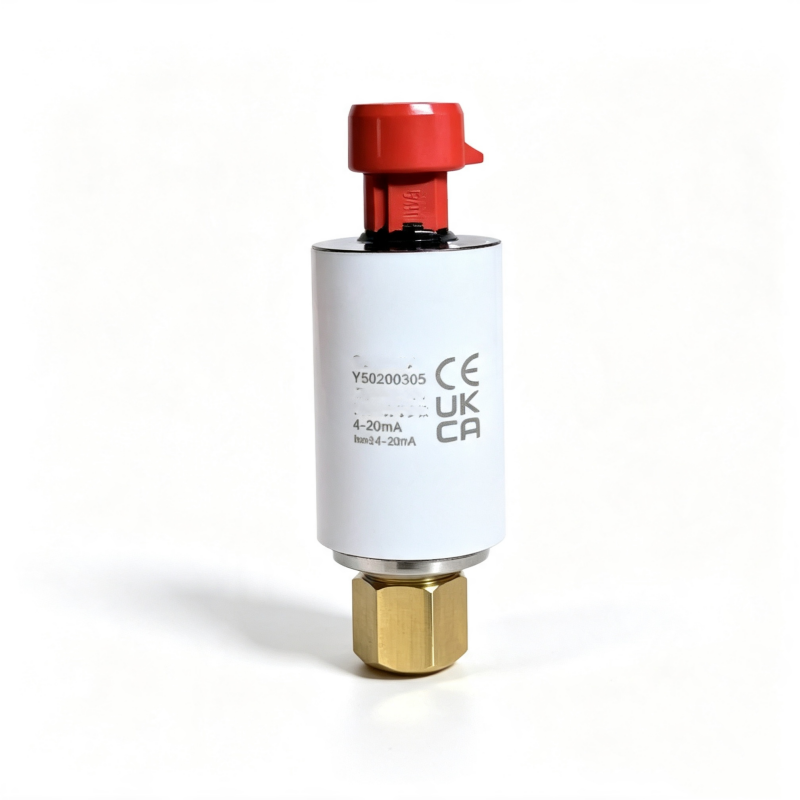 Single pressure transmitter with red top cap and brass female thread connector