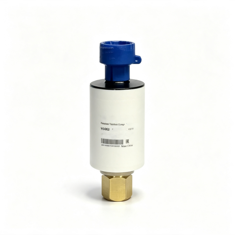 Single pressure transmitter with blue top cap and brass female thread connector
