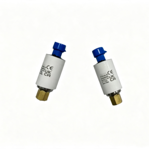 Two pressure transmitters with white body, blue connector and brass port